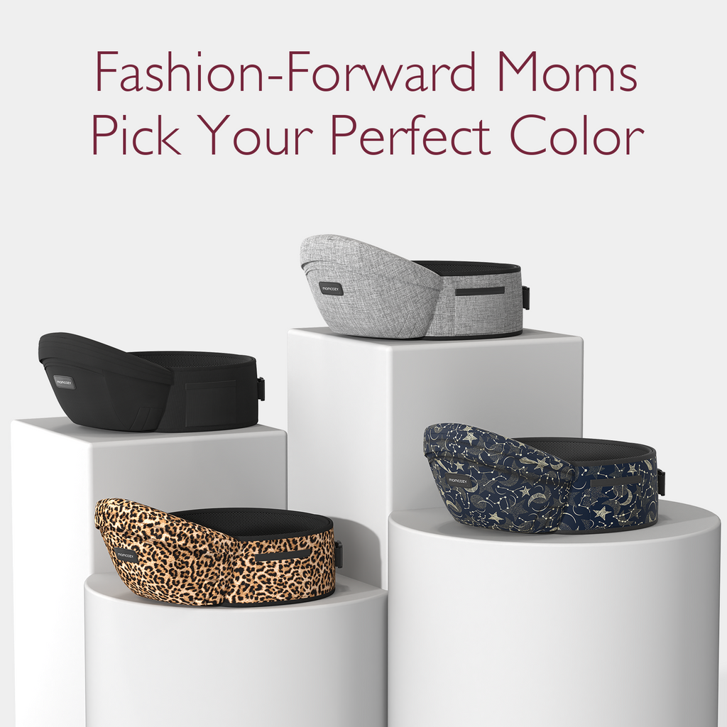 Momcozy Wander360 Hip Seat Carrier color options: Black, Gray, Leopard, Navy Constellation. Pick Your Perfect Color
